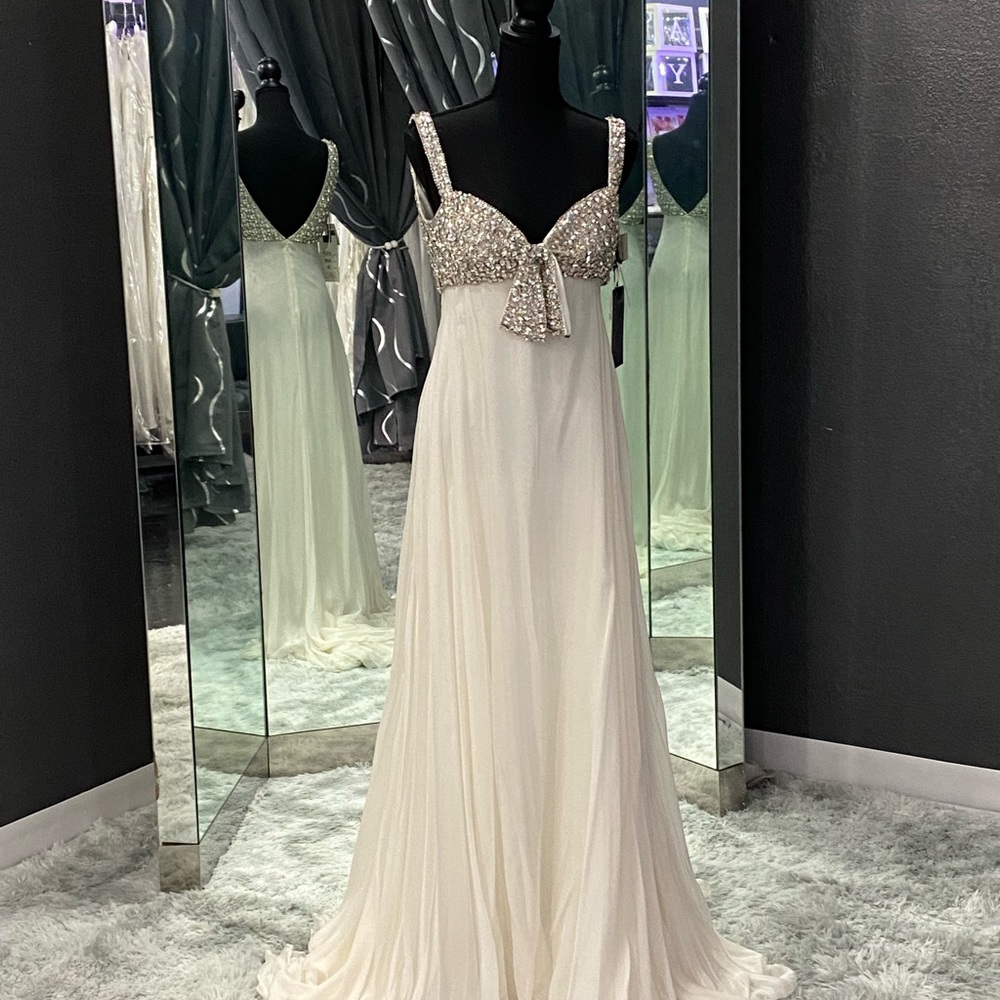 Mac Duggal Ivory Chiffon Prom Gown with Silver Beaded Bodice